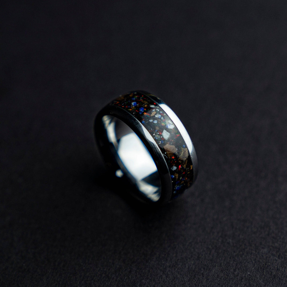 Black Opal Lapis Lazuli Tungsten Ring Meteorite Inlay