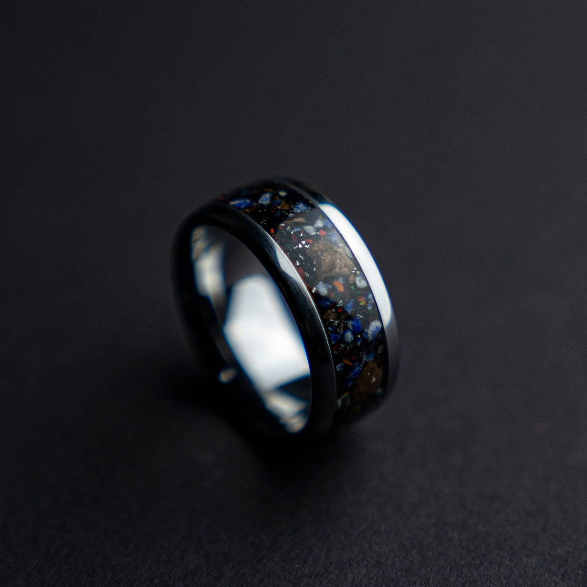 Black Opal Lapis Lazuli Tungsten Ring Meteorite Inlay