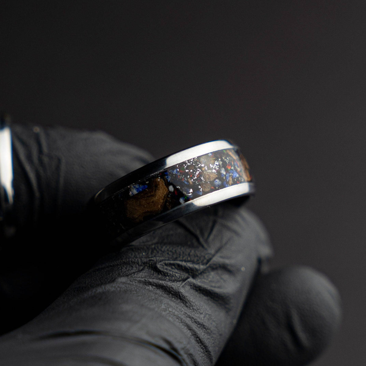 Black Opal Lapis Lazuli Tungsten Ring Meteorite Inlay