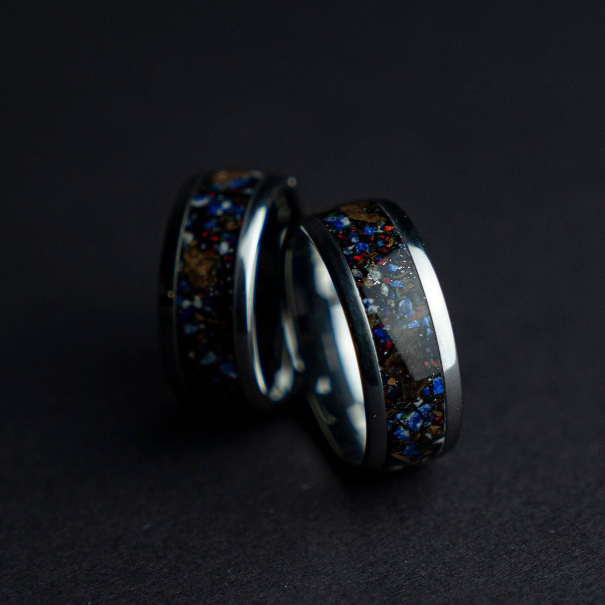 Black Opal Lapis Lazuli Tungsten Ring Meteorite Inlay