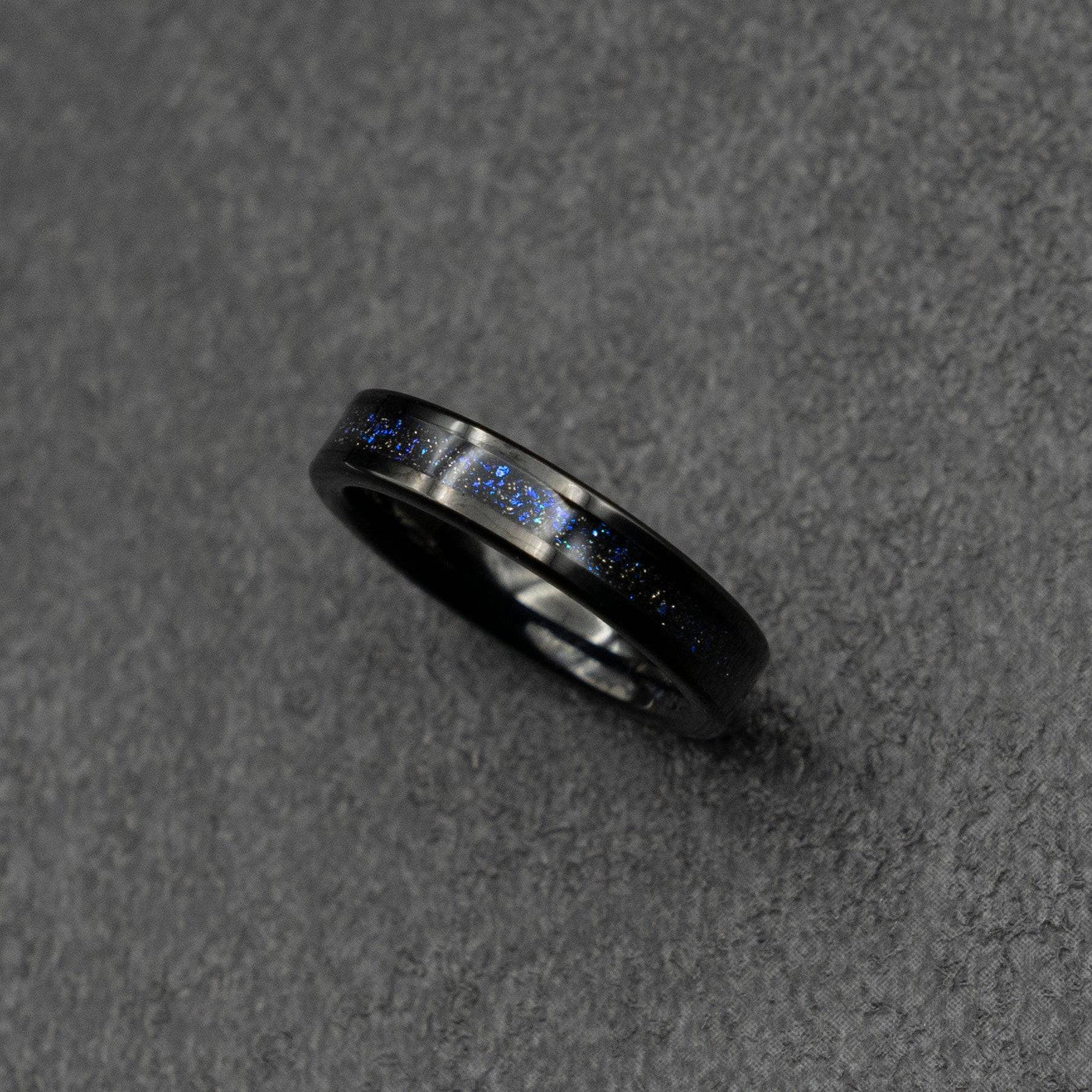 Black Tungsten Ring with Fine Galaxy Opal 4mm Inlay
