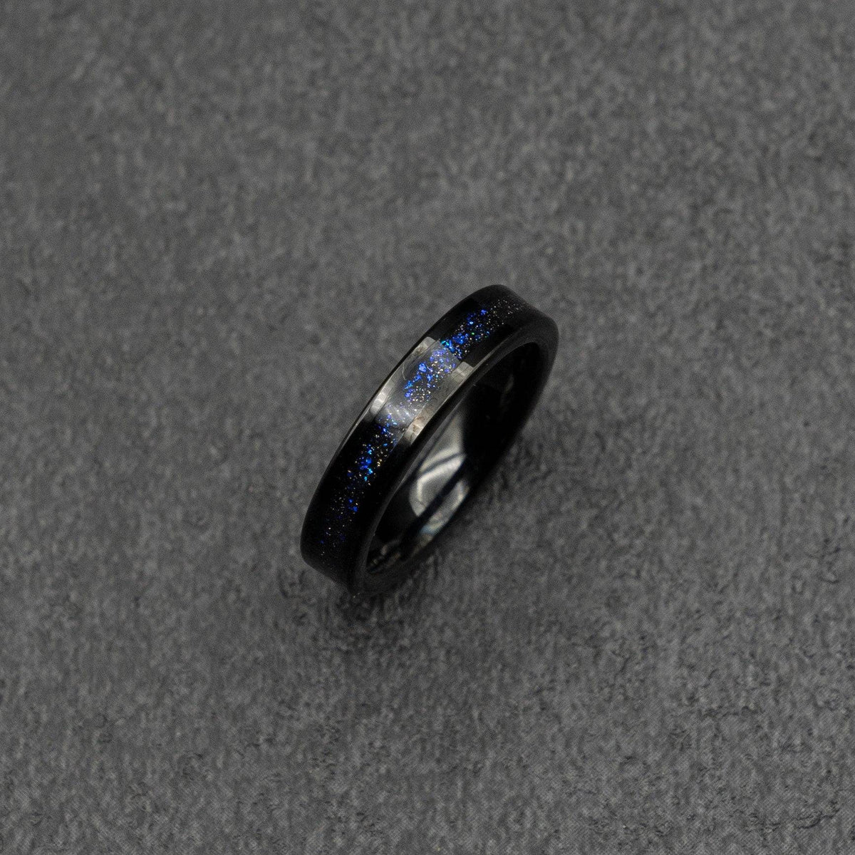 Black Tungsten Ring with Fine Galaxy Opal 4mm Inlay