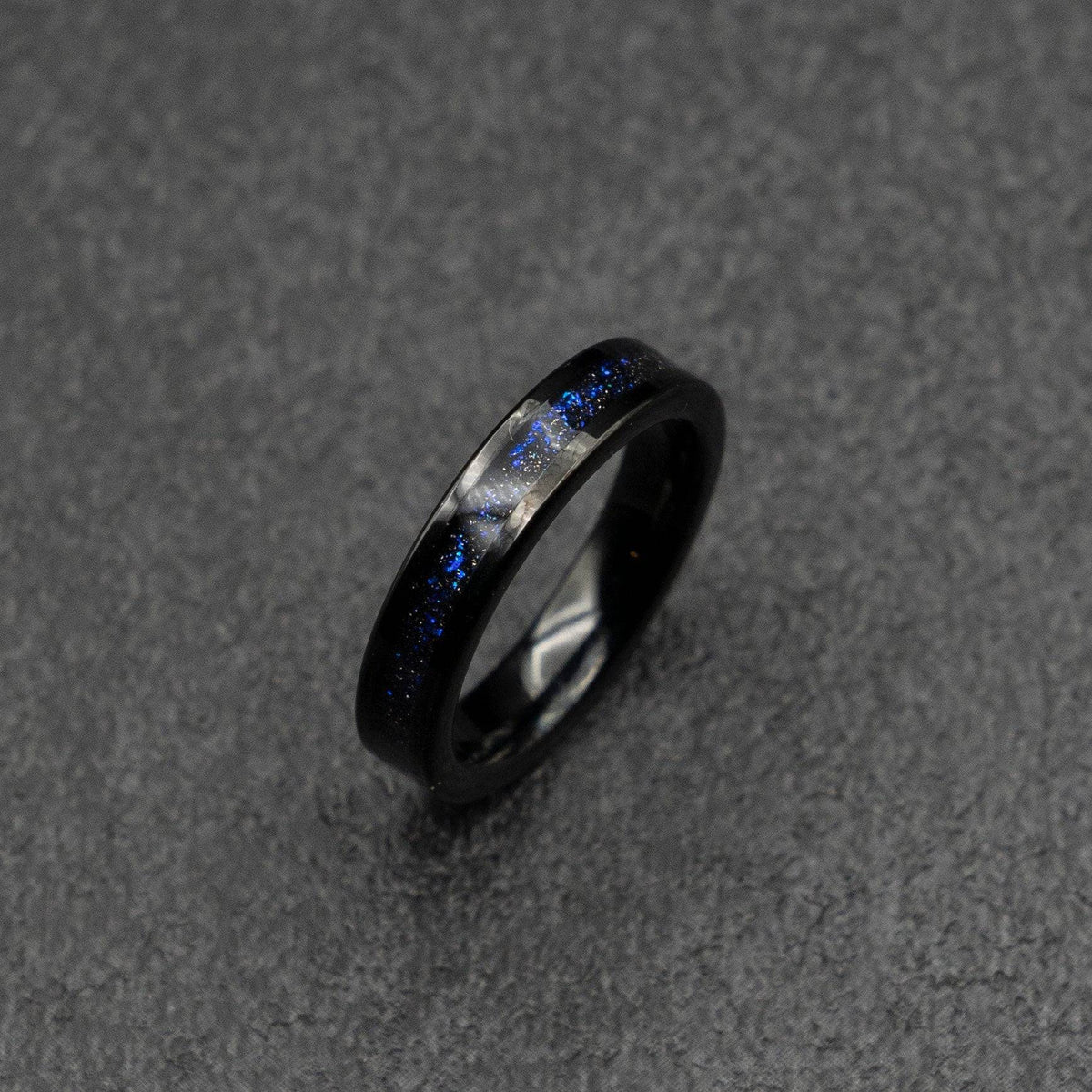 Black Tungsten Ring with Fine Galaxy Opal 4mm Inlay
