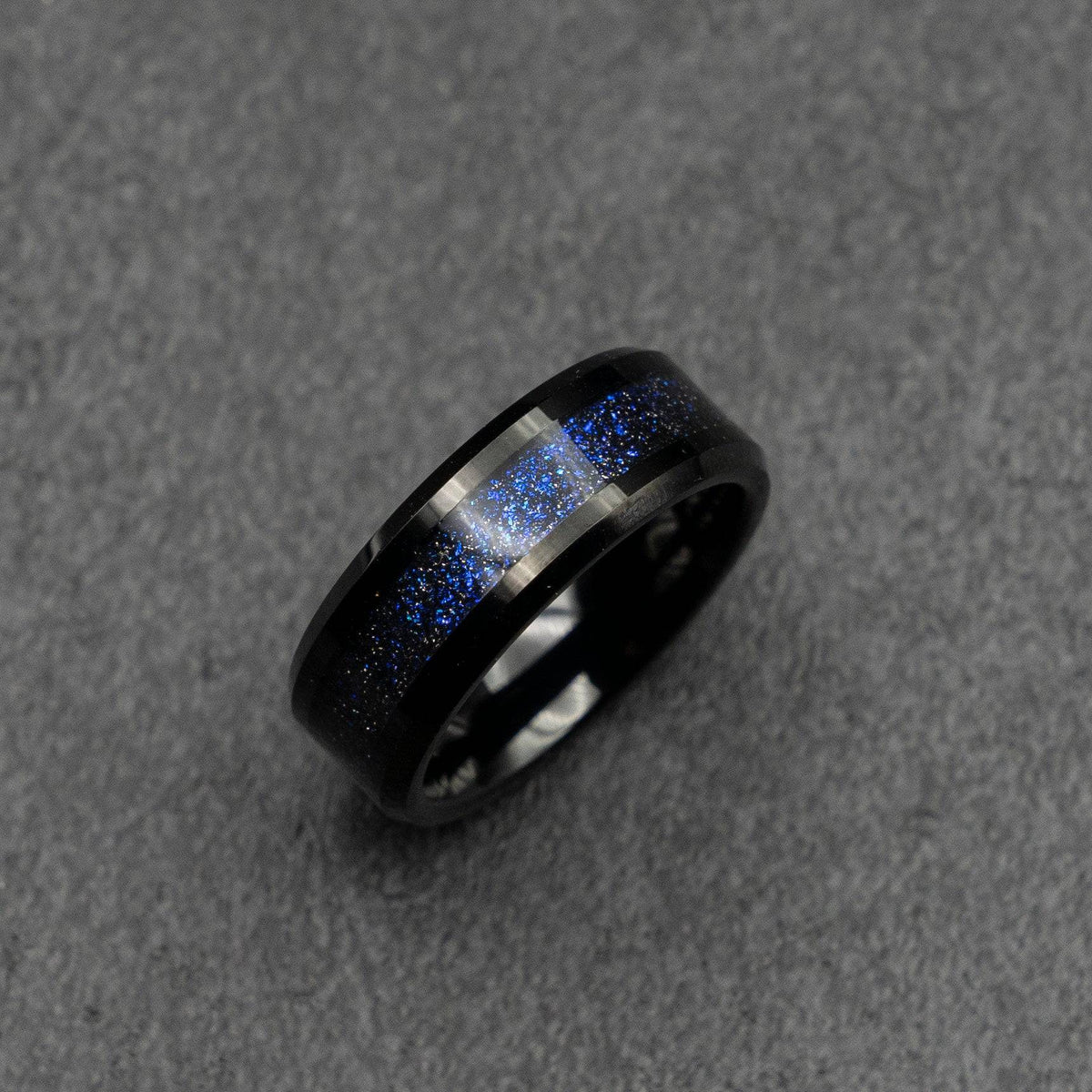 Black Tungsten Ring with Galaxy Opal 8mm Wide Band
