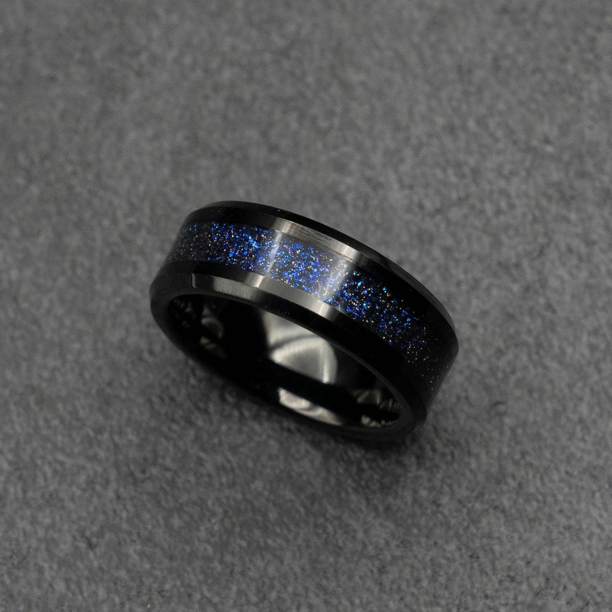 Black Tungsten Ring with Galaxy Opal 8mm Wide Band