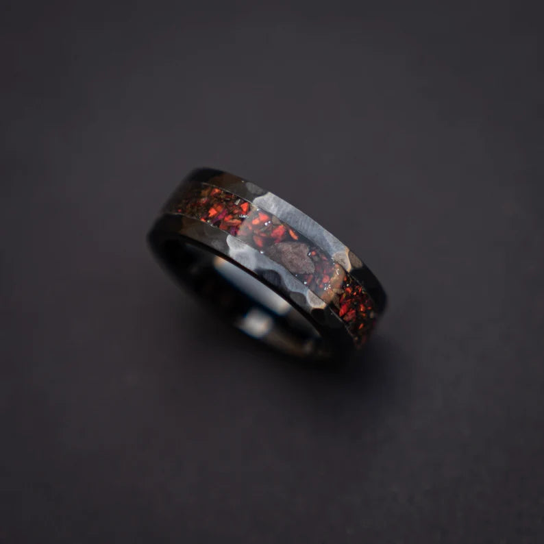 Black Hammered Ceramic Ring With Triceratops Meteorite & Opal