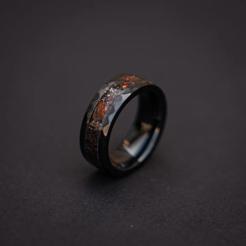 Black Hammered Ceramic Ring With Triceratops Meteorite & Opal