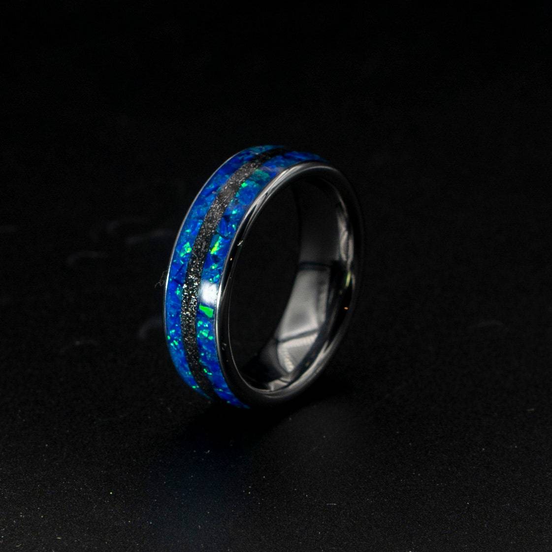 Blue Opal Ring with Meteorite Inlay Band