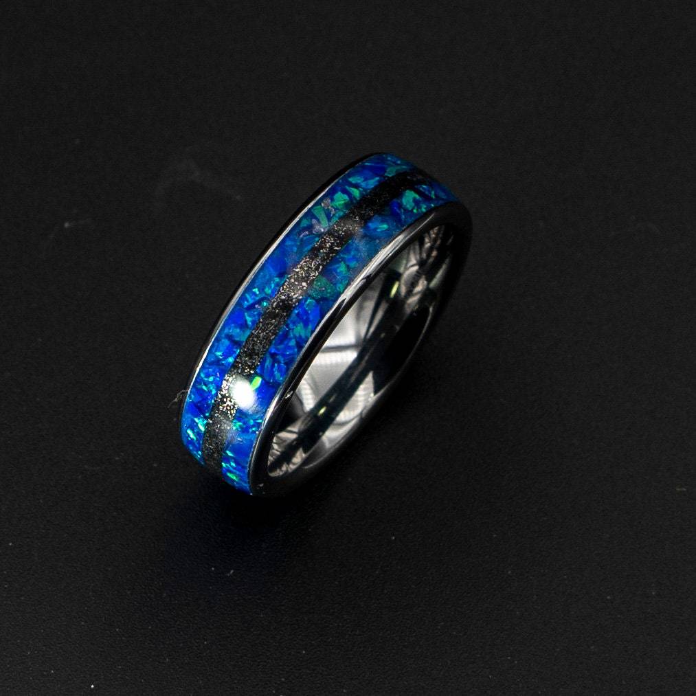 Blue Opal Ring with Meteorite Inlay Band
