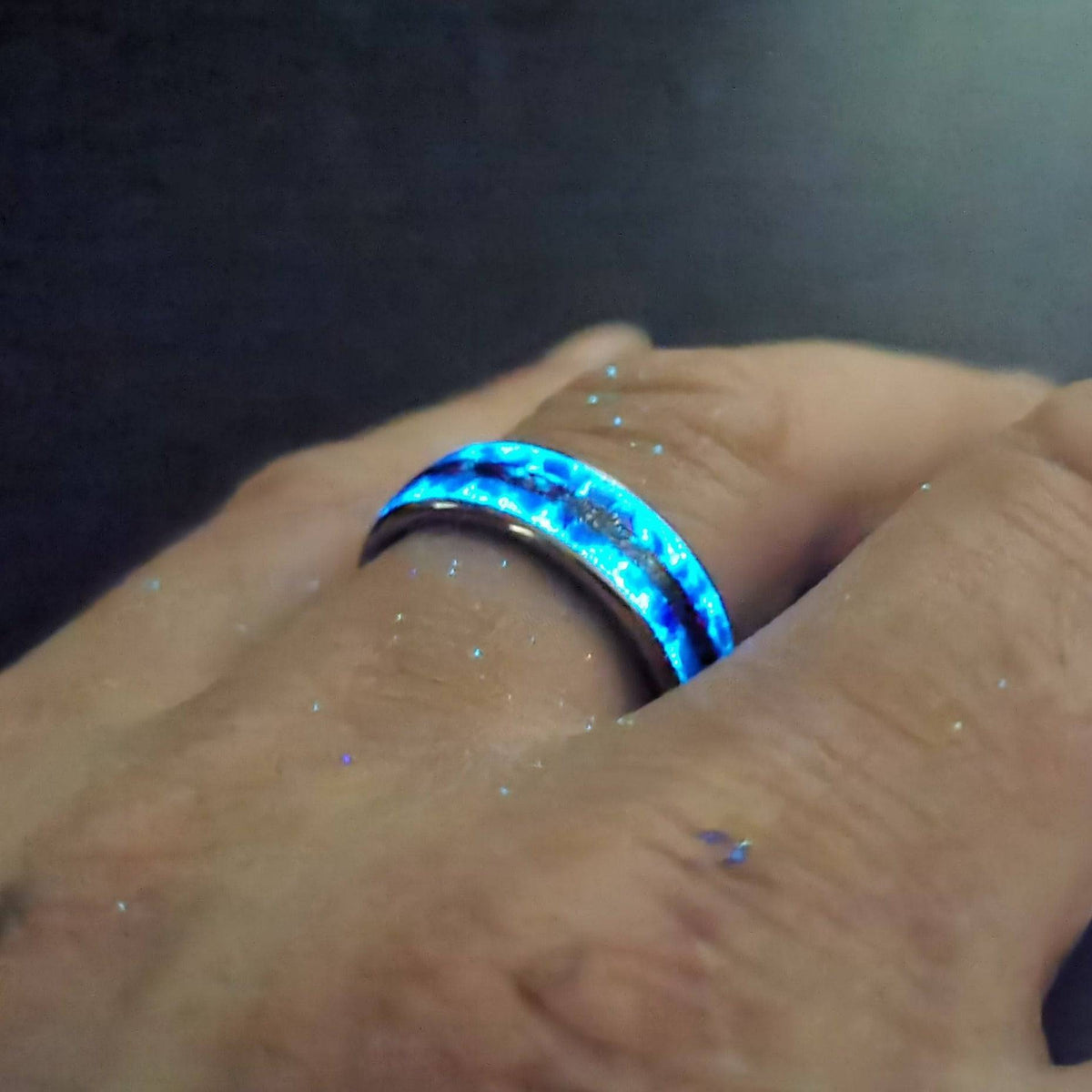 Blue Opal Ring with Meteorite Inlay Band