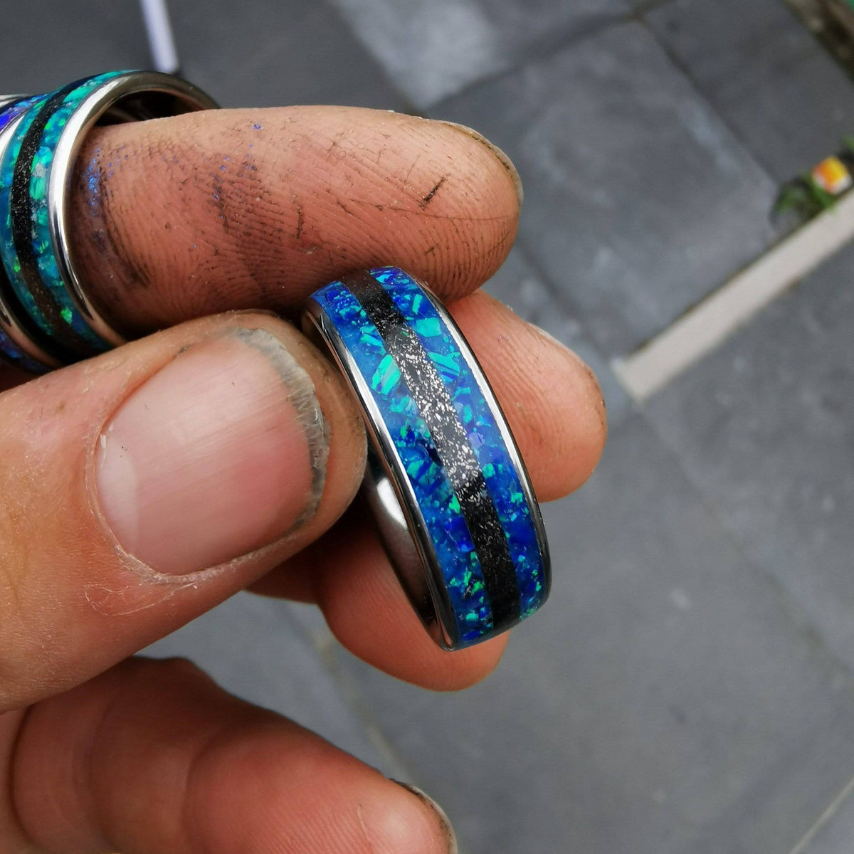Blue Opal Ring with Meteorite Inlay Band