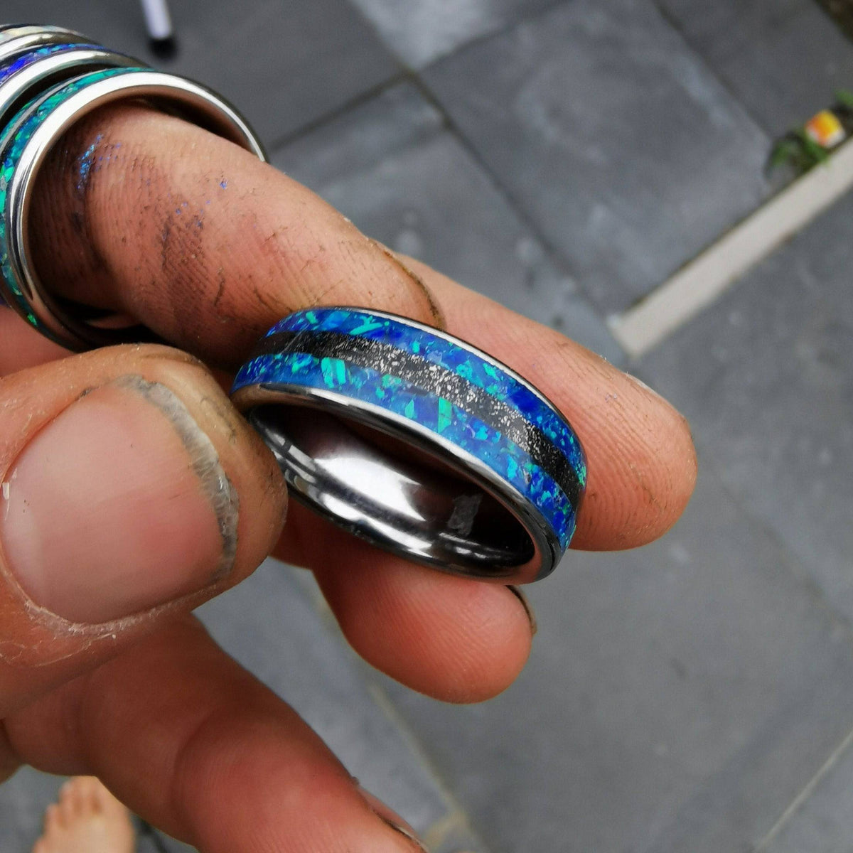 Blue Opal Ring with Meteorite Inlay Band