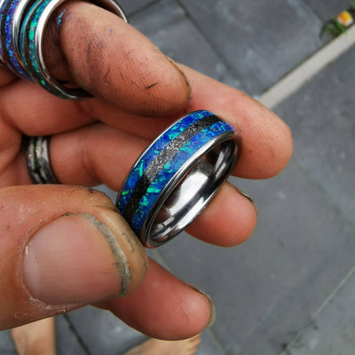 Blue Opal Ring with Meteorite Inlay Band