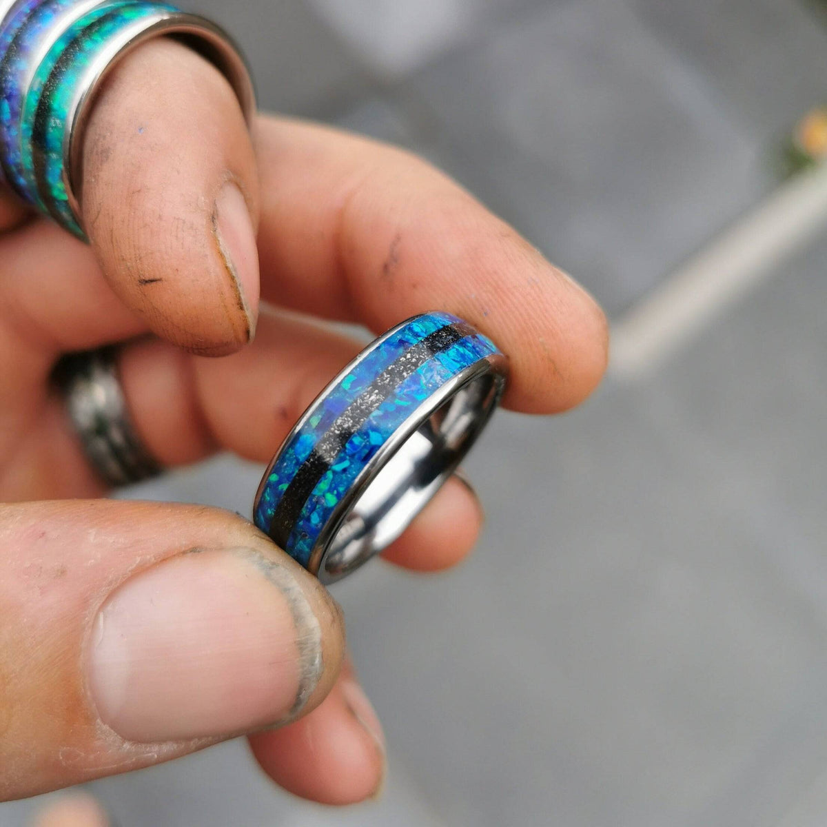Blue Opal Ring with Meteorite Inlay Band