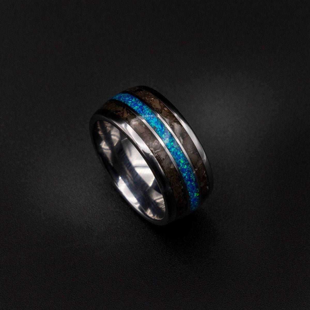 Blue Opal Tungsten Ring with T Rex Bone Fossil