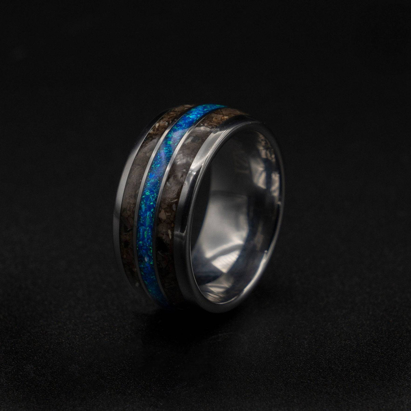 Blue Opal Tungsten Ring with T Rex Bone Fossil