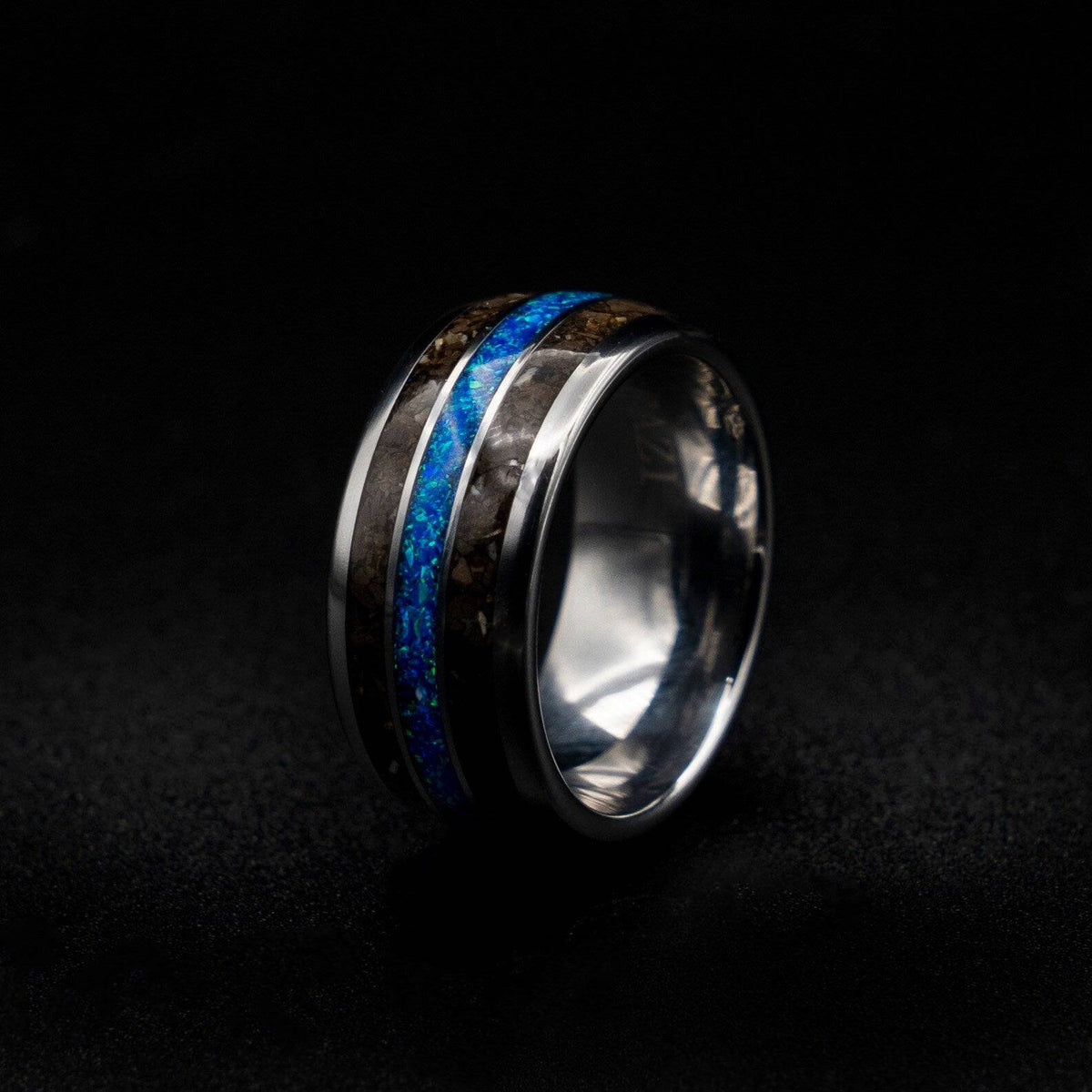 Blue Opal Tungsten Ring with T Rex Bone Fossil