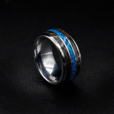 Blue Opal Tungsten Ring with T Rex Bone Fossil