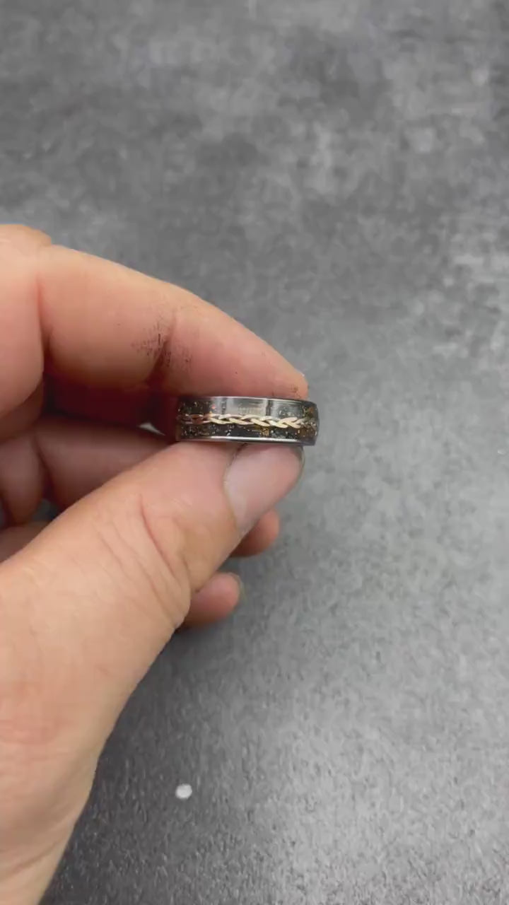 gold braid, dinosaur bone ring, meteorite ring, Gold tungsten ring, tungsten ring men, mens wedding band, mens ring | Decazi