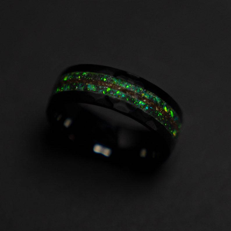Ceramic Green Opal Hammered Ring Meteorite & T Rex Accent