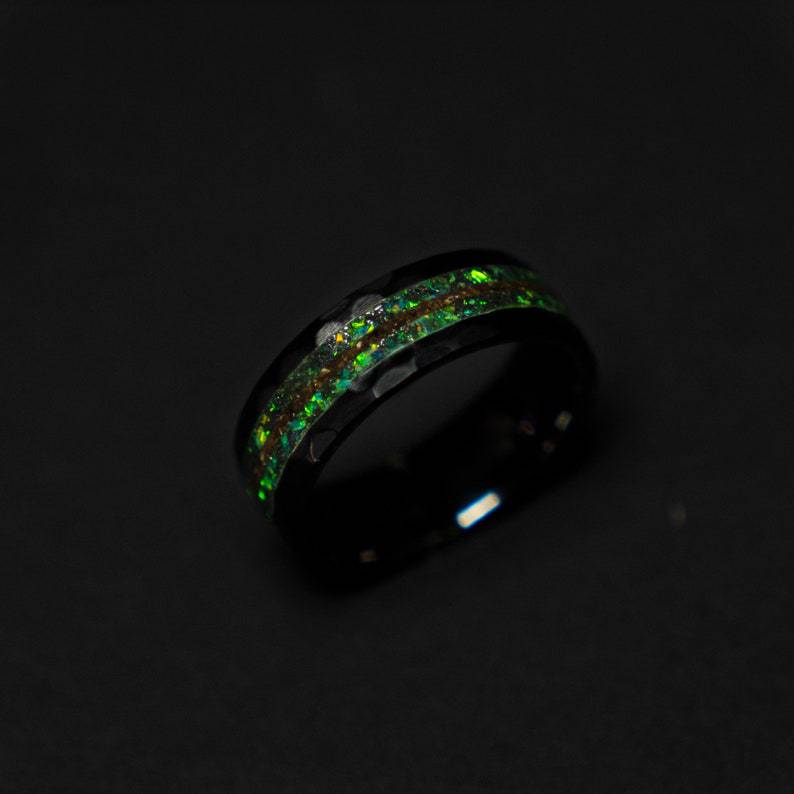 Ceramic Green Opal Hammered Ring Meteorite & T Rex Accent