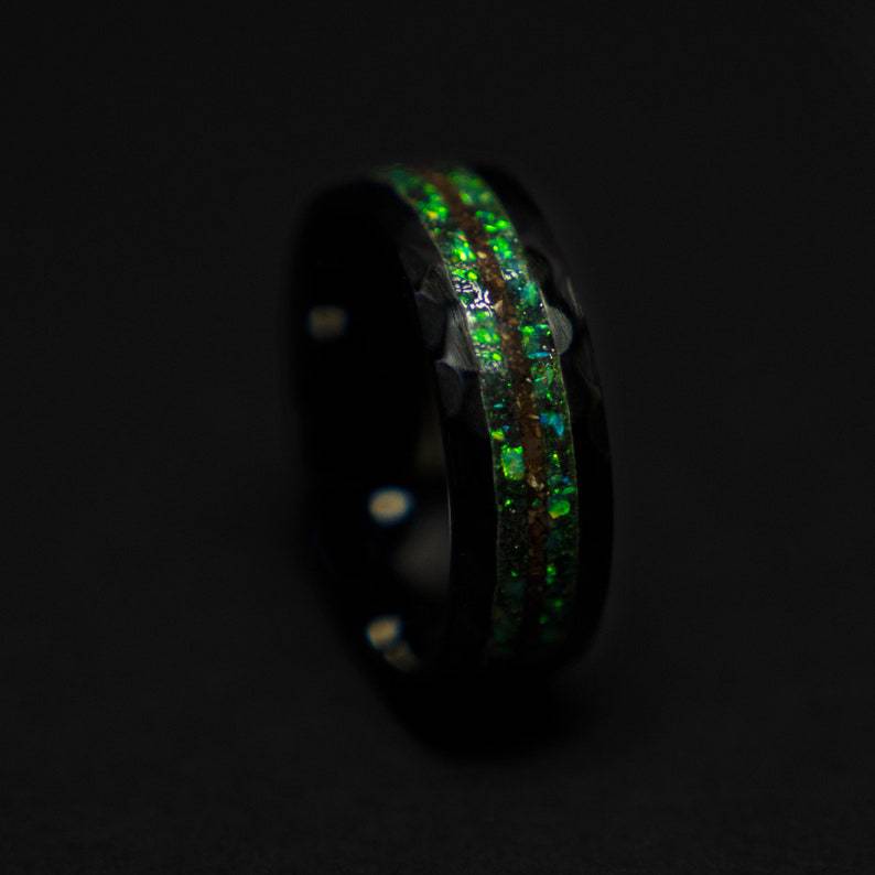 Ceramic Green Opal Hammered Ring Meteorite & T Rex Accent