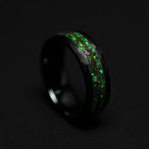 Ceramic Green Opal Hammered Ring Meteorite & T Rex Accent