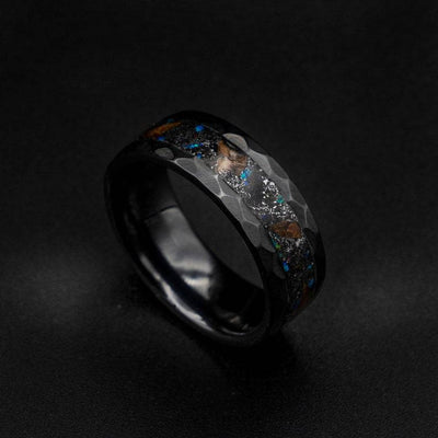 Hammered Ceramic Meteorite Ring With Opal Accents