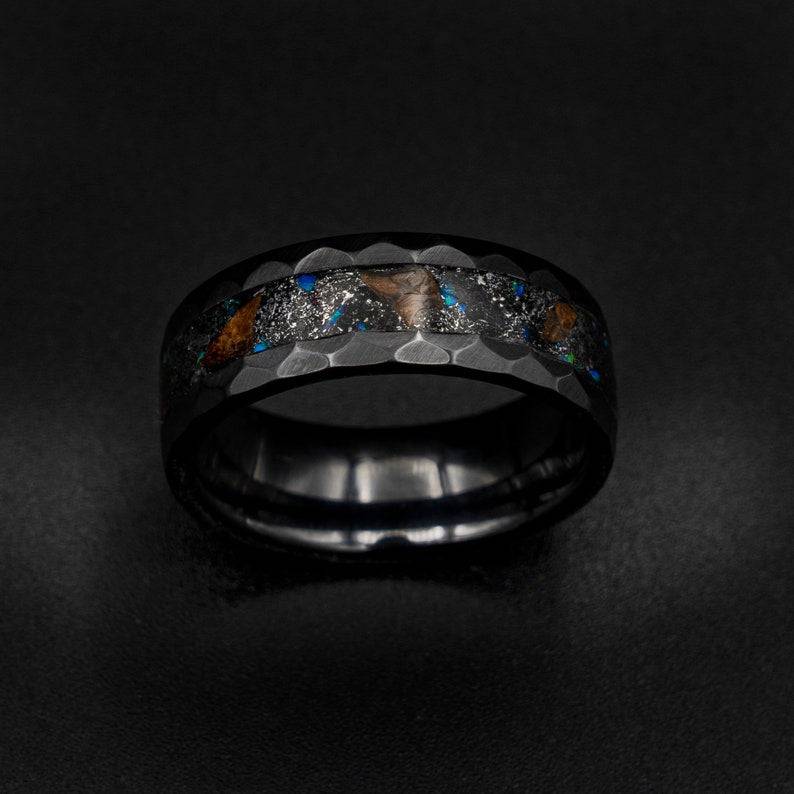 Hammered Ceramic Meteorite Ring With Opal Accents