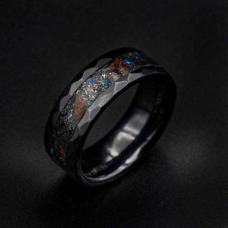 Hammered Ceramic Meteorite Ring With Opal Accents