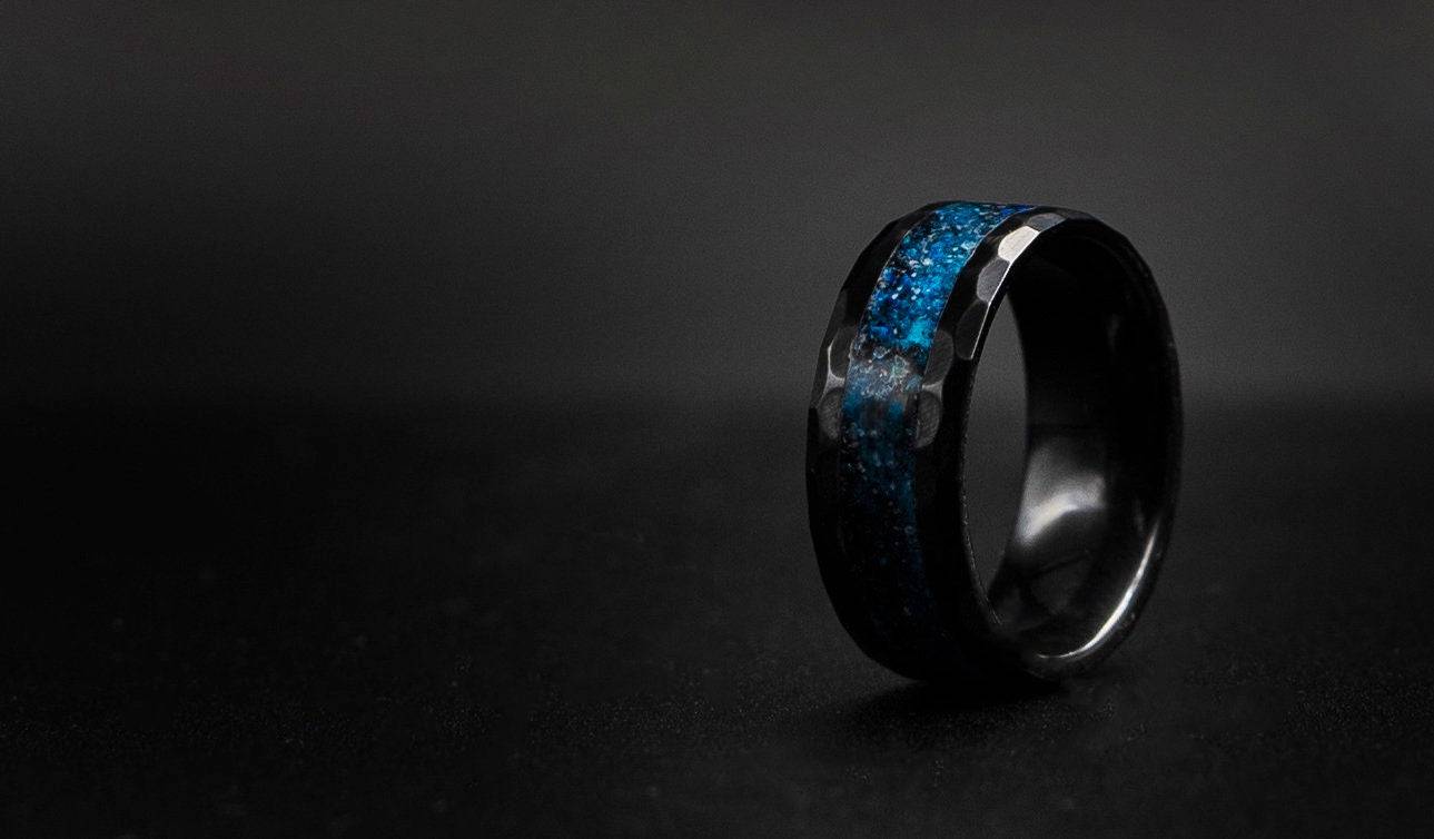 Ceramic Hammered Ring with Blue Galaxy Inlay Band