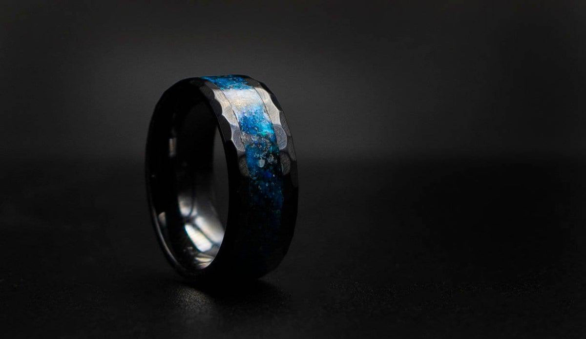 Ceramic Hammered Ring with Blue Galaxy Inlay Band