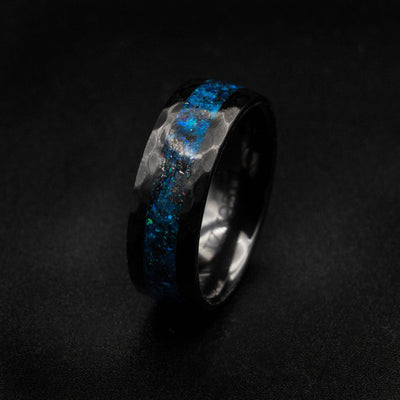 Ceramic Hammered Ring with Blue Galaxy Inlay Band