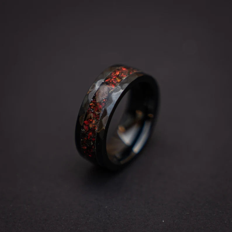 Black Hammered Ceramic Ring With Triceratops Meteorite & Opal