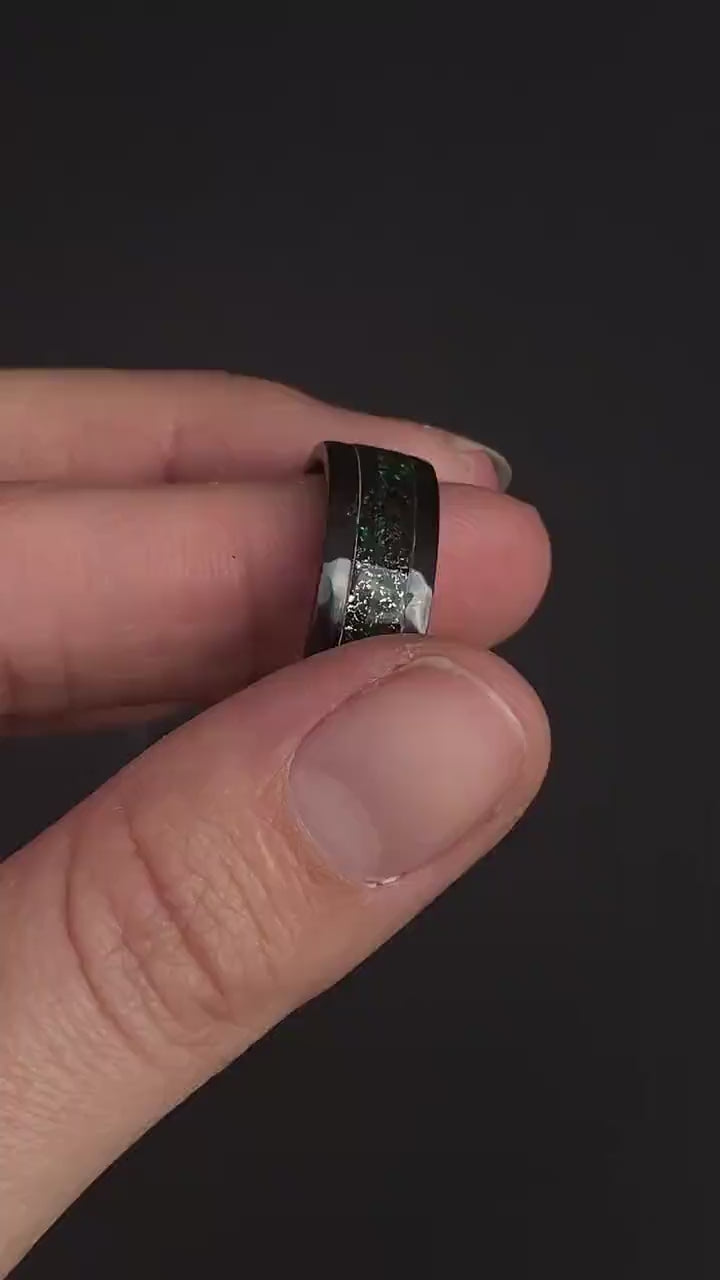 Black Ceramic ring with meteorite and galaxy opal, wedding band, engagement ring
