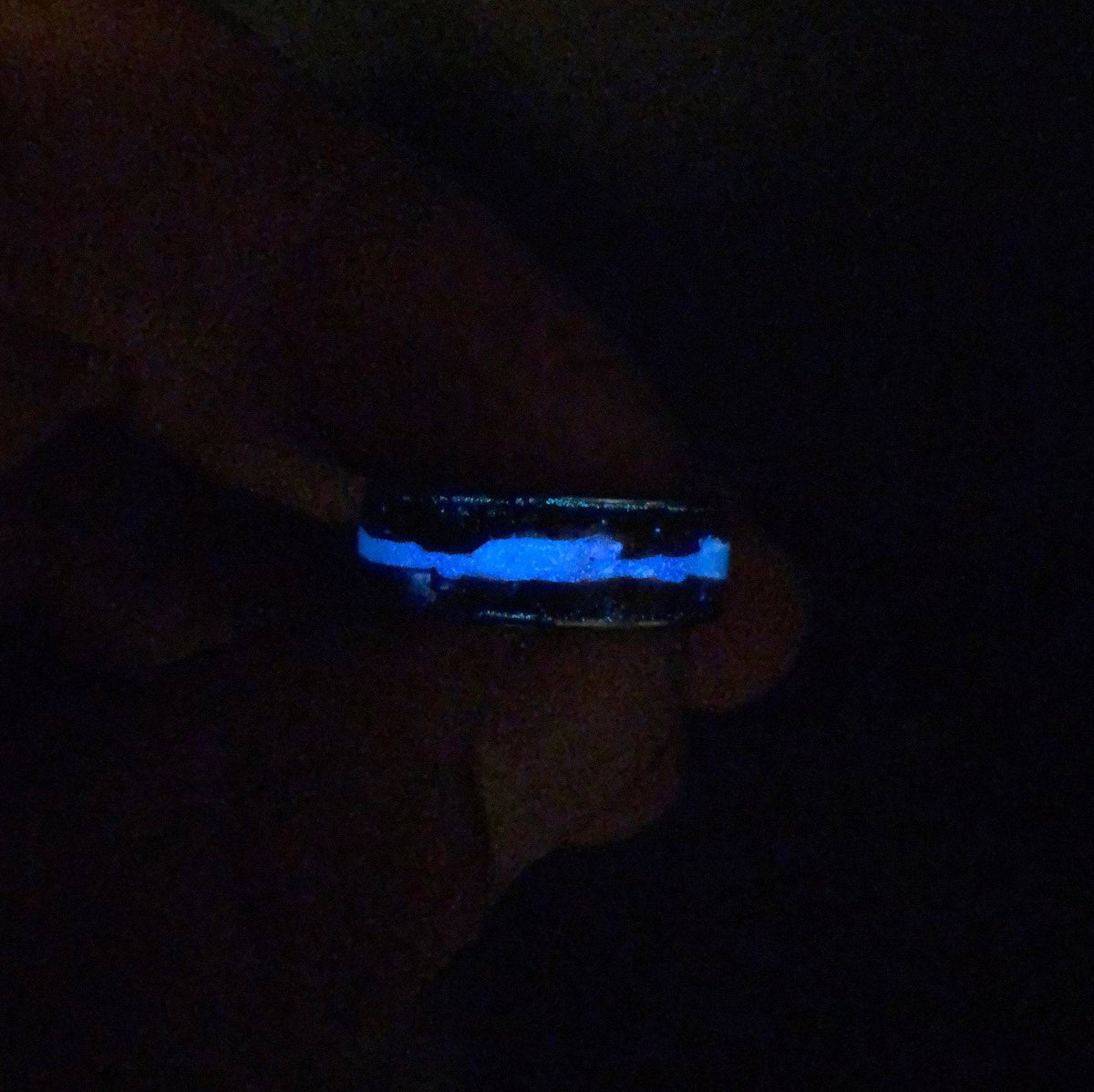 Petrified Wood & Blue Glow Powder Flat Tungsten Ring