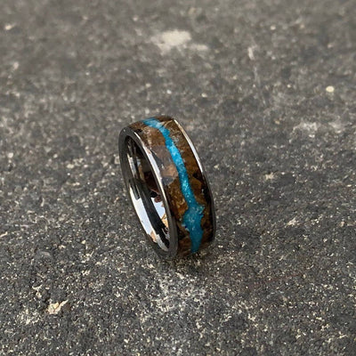 Petrified Wood & Blue Glow Powder Flat Tungsten Ring