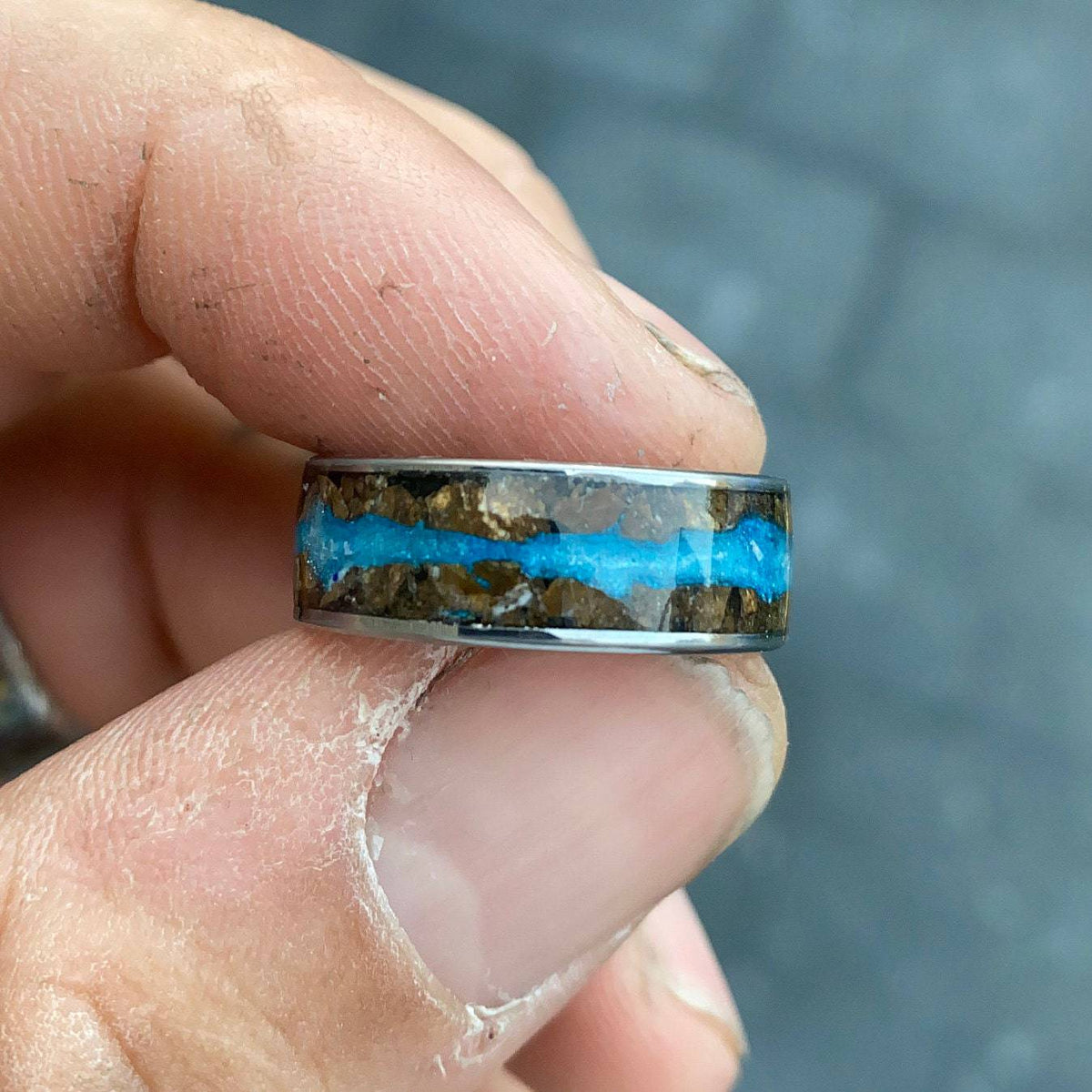 Petrified Wood & Blue Glow Powder Flat Tungsten Ring