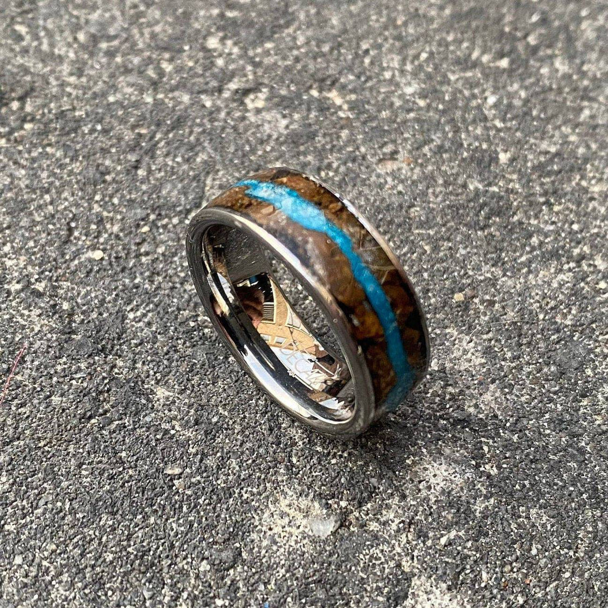 Petrified Wood & Blue Glow Powder Flat Tungsten Ring