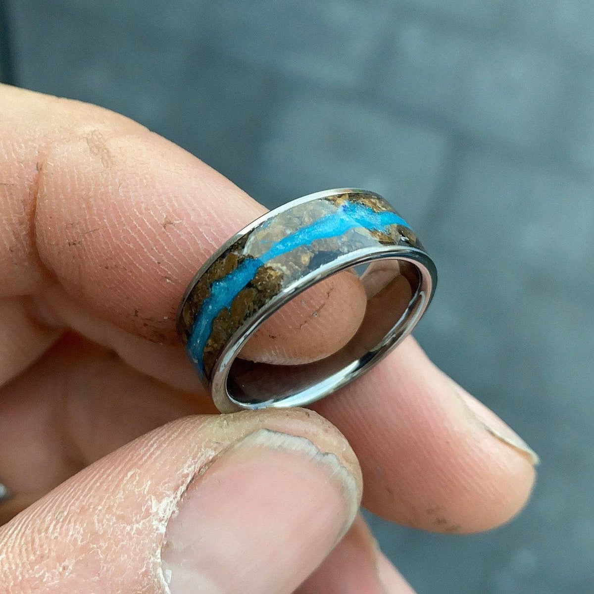 Petrified Wood & Blue Glow Powder Flat Tungsten Ring