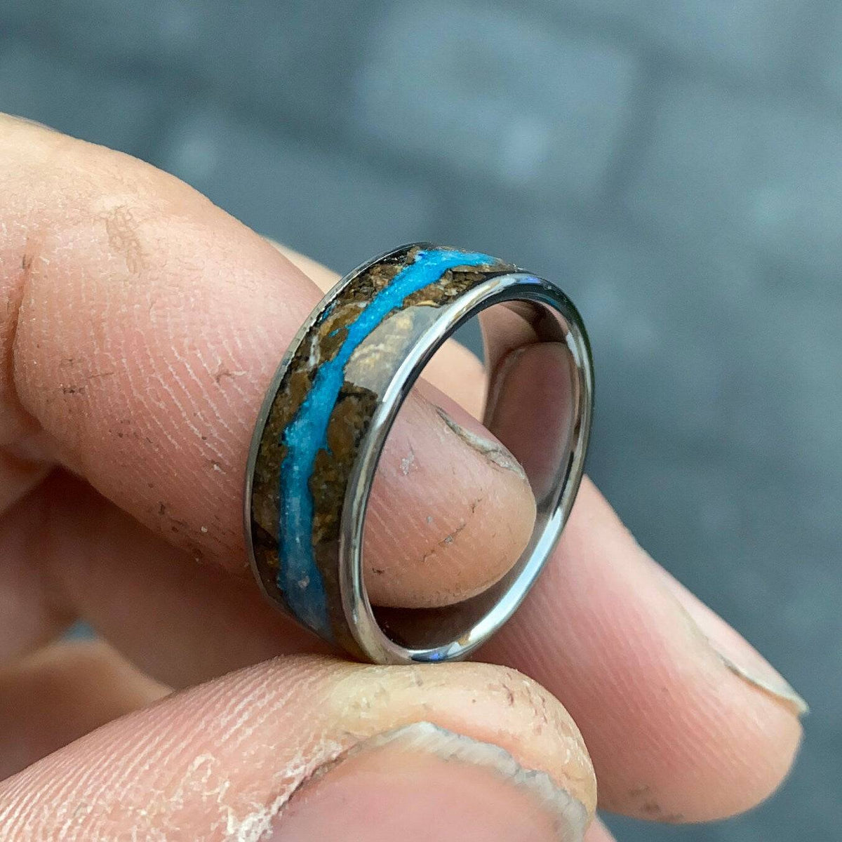 Petrified Wood & Blue Glow Powder Flat Tungsten Ring