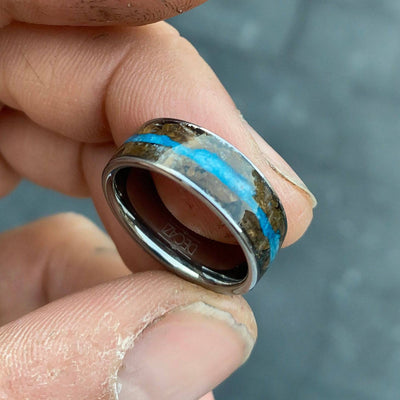 Petrified Wood & Blue Glow Powder Flat Tungsten Ring