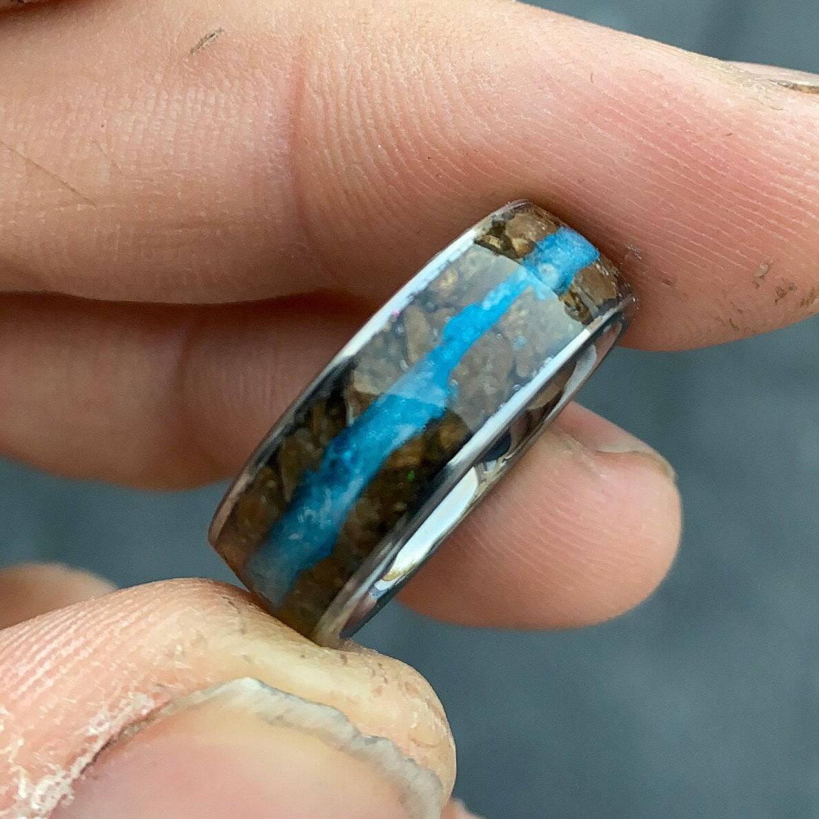 Petrified Wood & Blue Glow Powder Flat Tungsten Ring