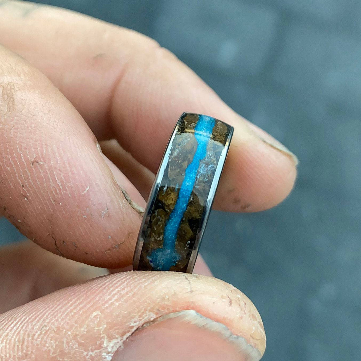 Petrified Wood & Blue Glow Powder Flat Tungsten Ring