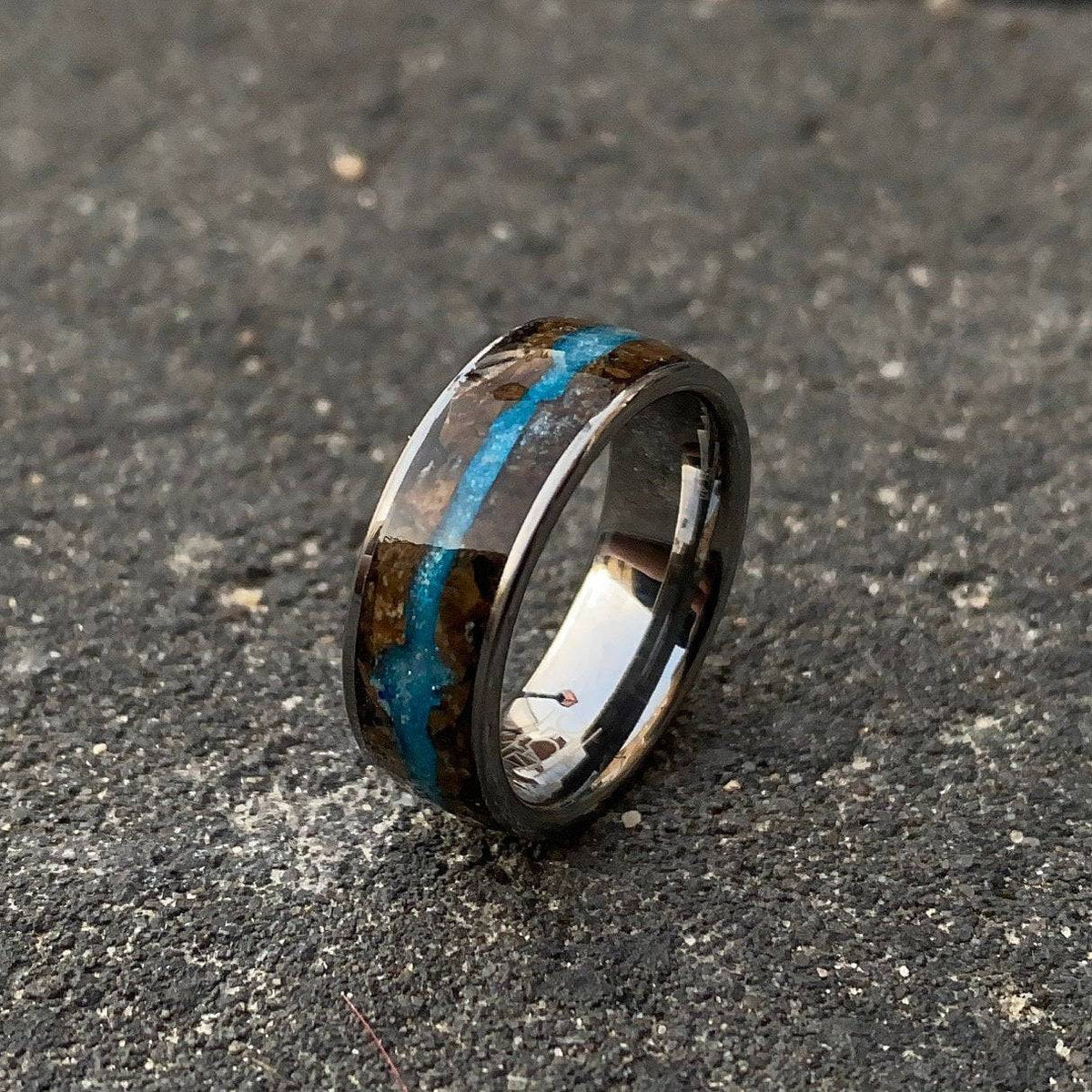 Petrified Wood & Blue Glow Powder Flat Tungsten Ring