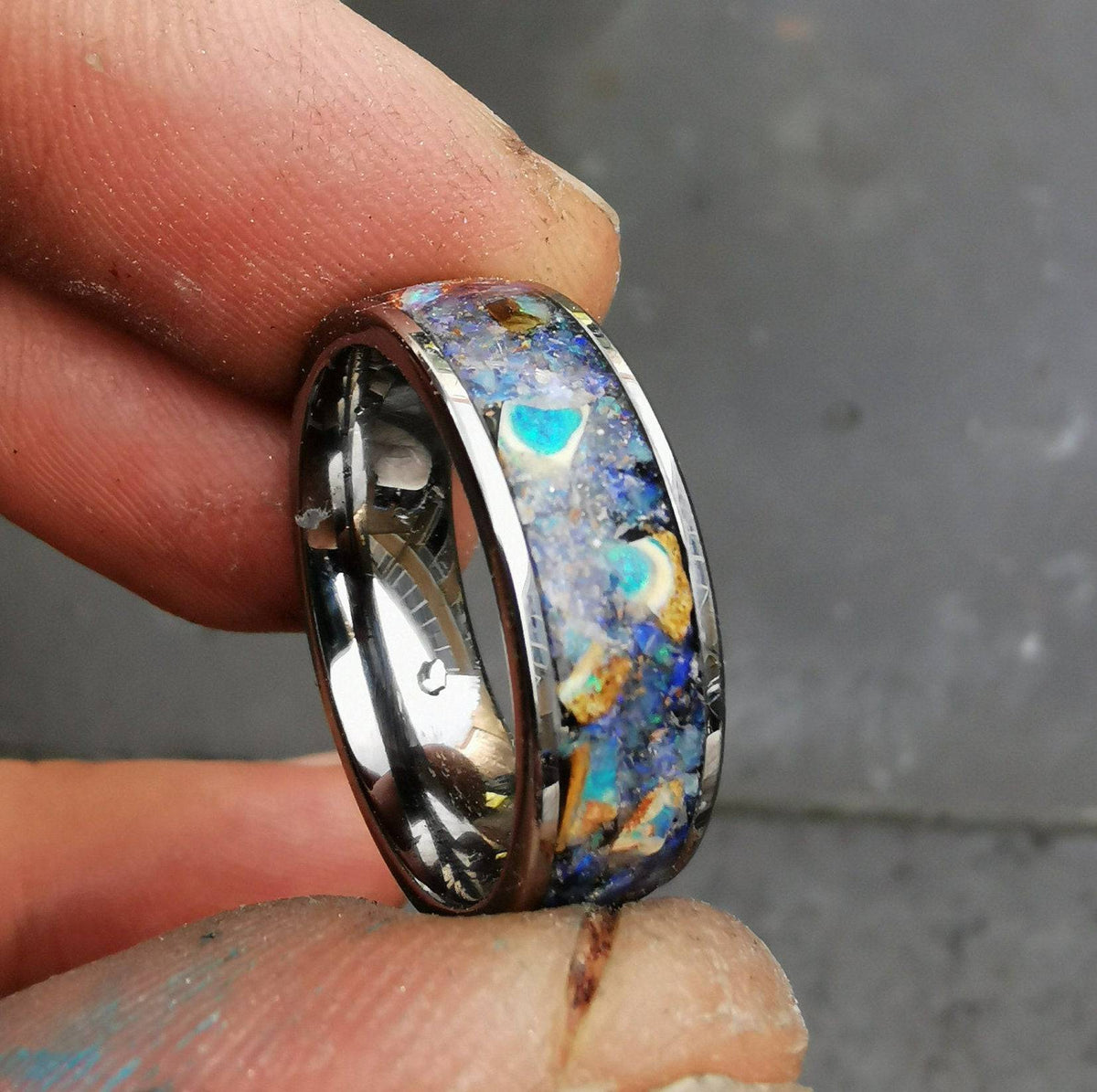 Flat Tungsten Ring with Genuine Australian Opal
