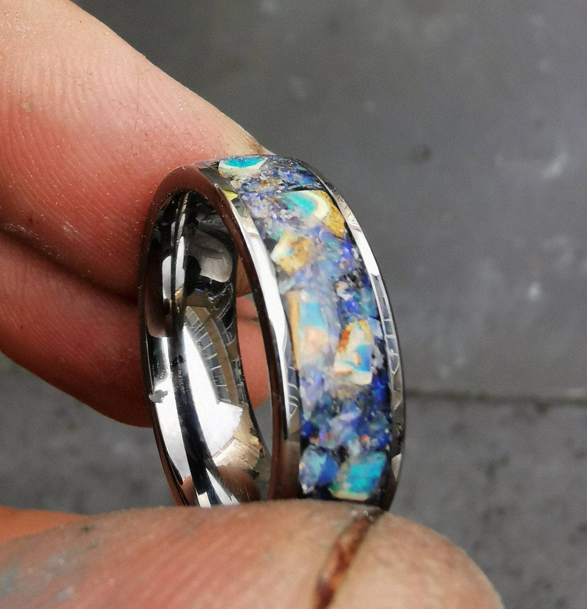 Flat Tungsten Ring with Genuine Australian Opal