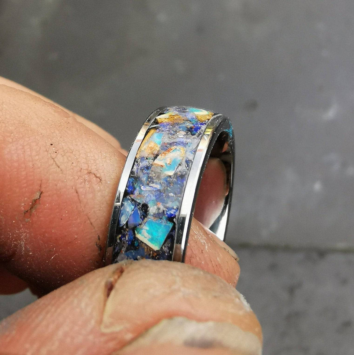 Flat Tungsten Ring with Genuine Australian Opal
