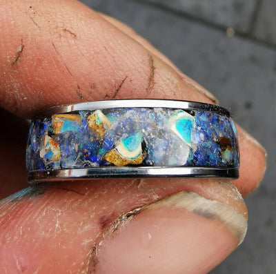 Flat Tungsten Ring with Genuine Australian Opal