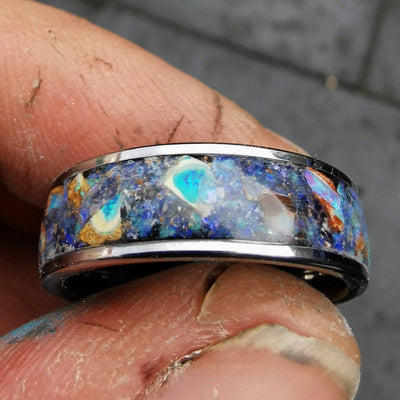 Flat Tungsten Ring with Genuine Australian Opal